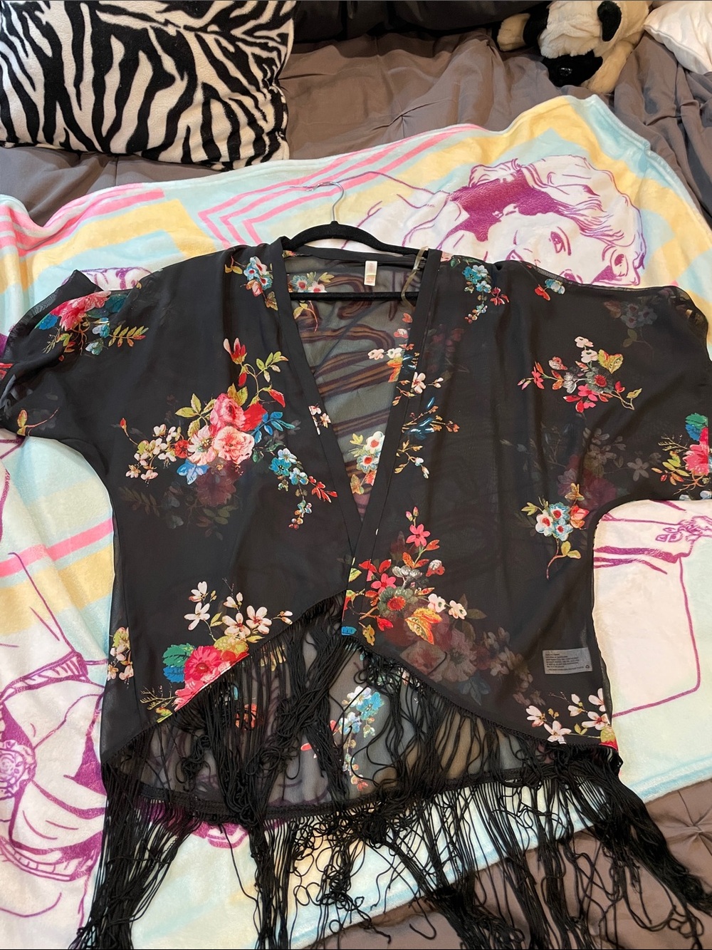 Xhilaration Black Floral Sheer Fringe Kimono